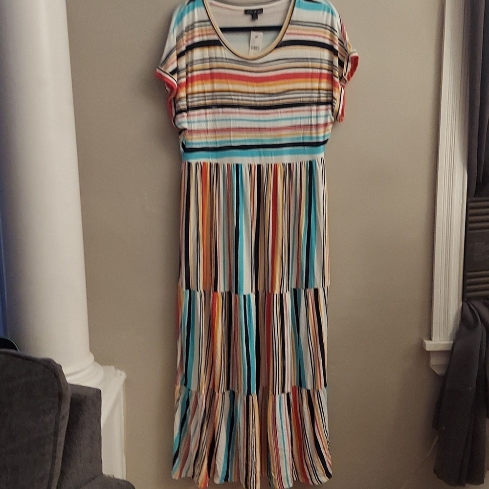 LANE BRYANT Short Sleeve Multicolor Striped Tiered Maxi Dress - Picture 2 of 13